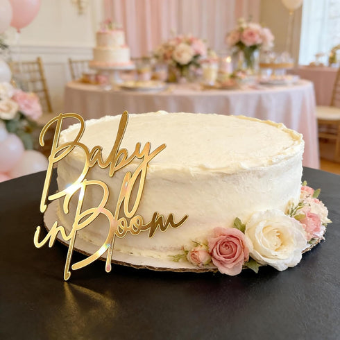 lvbeybc Gold Baby in Bloom Cake Topper,Baby Shower Cake Sign,Pregnancy Reveal,Acrylic Baby shower Cake Side