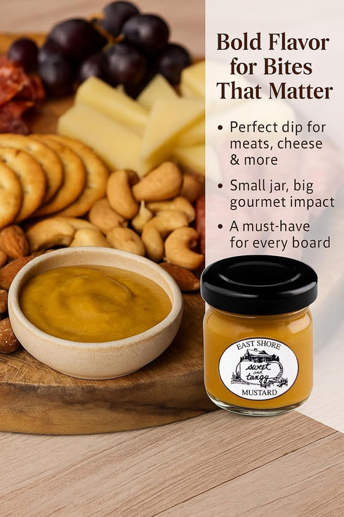 6 Pack 1.4 oz Packs East Shore Sweet & Tangy Mustard | of Mini Jars | No Salt Added, Gourmet Dipping Mustard