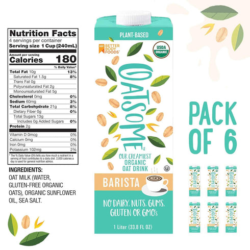 (6 Pack), 33.8 Oz Oatsome Organic Oat Milk, Barista Blend, Gluten-Free, Dairy-Free Fl