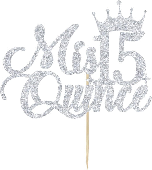 Mis Quince 15 Cake Topper, Cheers to 15 Years, 15th Birthday Cake Decor, Happy 15th Birthday Decorations Silver Glitter