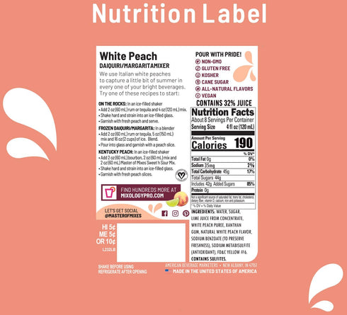 1 (33.8 Oz) (Pack 3) Master of Mixes White Peach Daiquiri / Margarita Drink Mix, Ready To Use, Liter Bottle Fl