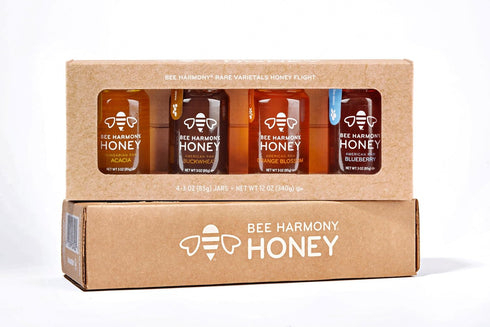Bee Harmony Rare Varietals Honey Flight, Mini Honey Gift Set, 4 Jars,