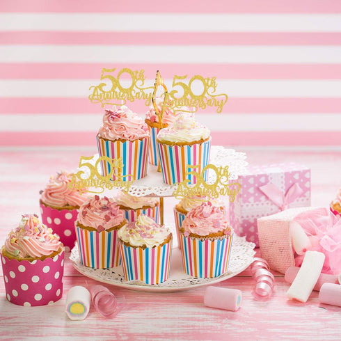24Pcs Gold Glitter 50th Anniversary Cupcake Topper, Happy 50th Cheers to 50 Years Party Decoration Supplies