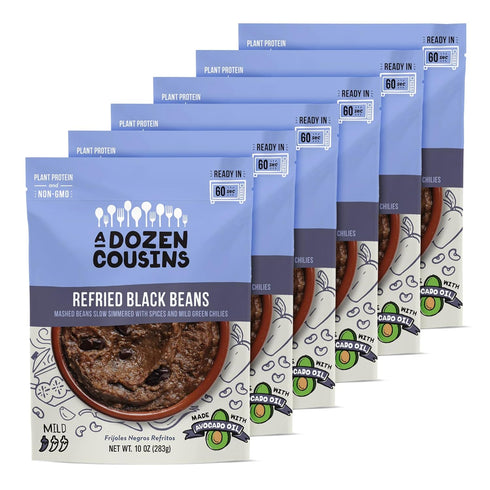 A Dozen Cousins Vegan Refried Black Beans 6pk, Seasoned Healthy Microwave Beans