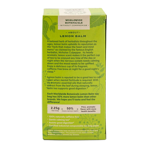 Worldwide Botanicals Organic Lemon Balm Tea - 25 Tea Bags with 50% More Herbs, 100% Pure Lemon Balm Leaves