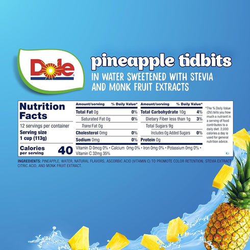 4 oz 12 Pack Dole Pineapple Tidbits with No Sugar Added - Dole Fruit Bowls Snacks - Fruit Bowls