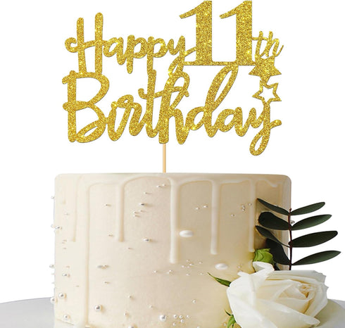 Gold Glitter Happy 11th Birthday Cake Topper - 11 Sign Cake Topper for 11th Birthday Party Supplies