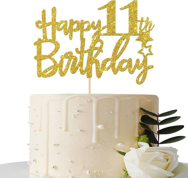 Gold Glitter Happy 11th Birthday Cake Topper - 11 Sign Cake Topper for 11th Birthday Party Supplies