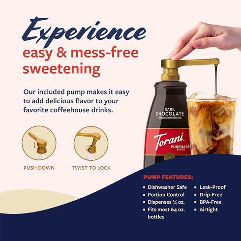 4lb 64 Oz Torani Puremade Dark Chocolate Sauce for Coffeehouse Drinks and Desserts, Non-GMO, Large Bottle, Pump