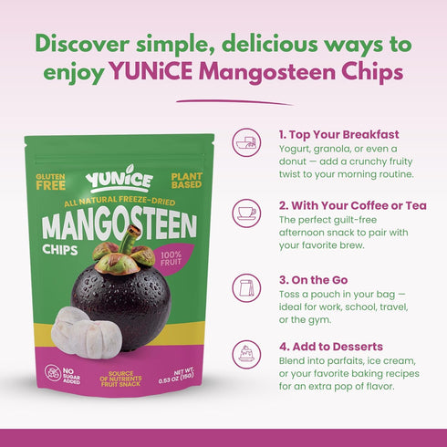 100% 0.53 oz (Pack 12) YUNiCE mangosteen Chips, freeze dried mangosteen Fruit Snack, Real Fruit, No Sugar Added, Vegan
