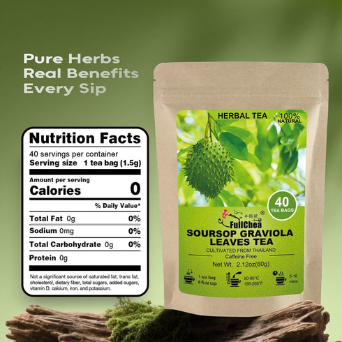 40 FullChea - Soursop Leaves Tea Bags, Teabags - Premium Soursop Graviola Leaves - Hojas De Guanabana Tea - Non-GMO