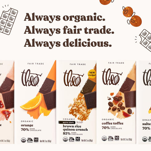 85% 6 Pack Theo Chocolate Brown Rice Quinoa Crunch Organic Dark Chocolate Bar, Cacao, | Vegan, Fair Trade