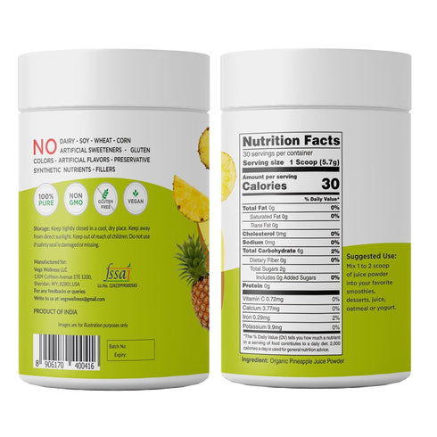 6 oz Vegs Pineapple Juice Powder - Freeze Dried Organic Pineapple Powder with Bromelain & Antioxidants - Sugar-Free