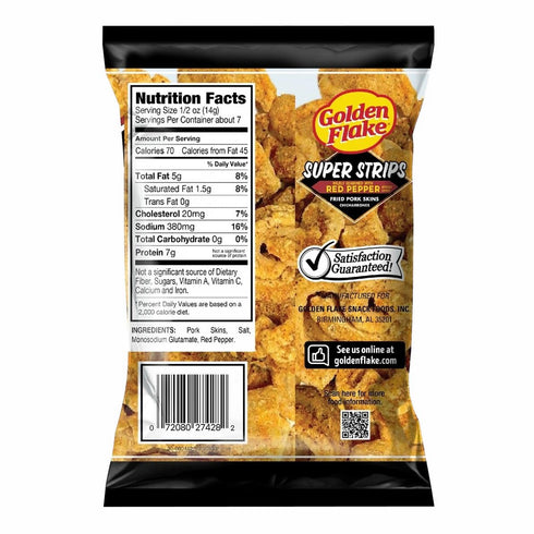 3.5 Golden Flake, Red Pepper Super Strips Fried Pork Skins Chicharrones, Ounce