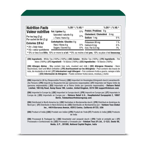 VAHDAM Imperial Himalayan White Tea Bags - 15 Count, Low Caffeine, Non GMO, Gluten Free, Individually Wrapped Pyramid