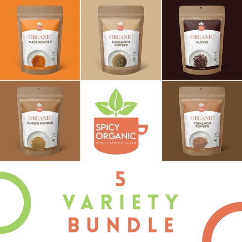 Set 4 Oz 100% SPICY ORGANIC Spice Gift | Each | Cinnamon, Ginger, Mace, Cardamom Powder & Whole Clove | Pure USDA