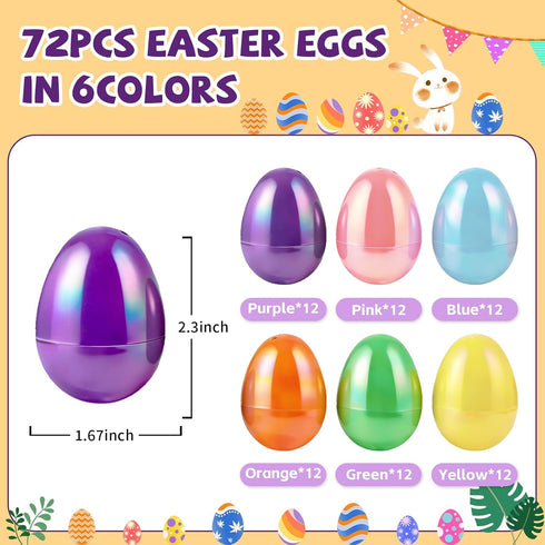 MGparty 72 2.3" Pcs Fillable Easter Eggs Bulk, Iridescent Plastic Easter Eggs Empty for Easter Egg Hunt, Basket