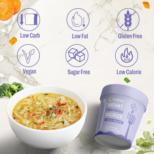 6 Packs, Hethstia Konjac Noodle Cup, Low-Carb Shirataki Noodles Pasta Laksa Flavor Soup, Gluten-Free, Vegan, Keto