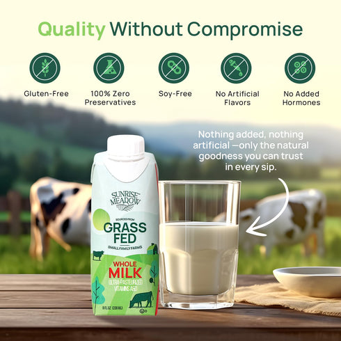 8oz (24 pack) Sunrise Meadow Shelf Stable Whole Milk, Grass Fed Milk Carton Sourced from Small Family Farms, Boxes