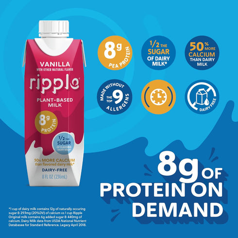 8 oz (12 Pack) 8 oz (12 Pack) 24 Pack Ripple Vegan Dairy-Free Milk, Vanilla & Ripple Vegan Dairy-Free Milk, Original |