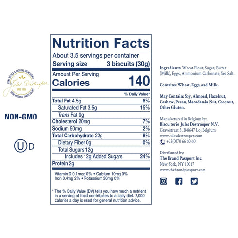 3.5 Oz, Pack 4 Jules Destrooper Butter Crisps - Caramelized Waffle Cookies, Certified Kosher Dairy, Non-GMO, Authentic