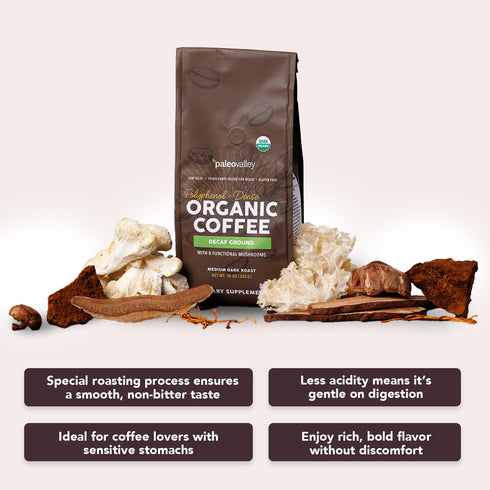 10oz Paleovalley Organic Ground Coffee, - Decaf, Low Acid, Single-Origin, Polyphenol-Rich, Infused with Mushrooms
