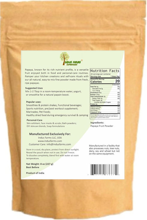 8 oz Indus Farms Papaya Fruit Powder Natural Papain Tenderizer for Marinades, Sauces & Cooking | Smoothies, Baking, DIY