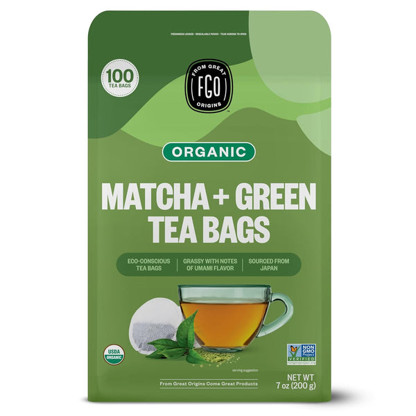 FGO Organic Japanese Matcha + Green Tea, 100 Count, Eco-Conscious Tea Bags,