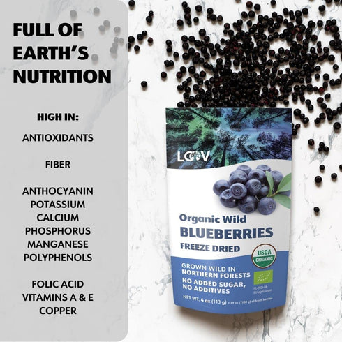 4 100% LOOV Wild Organic Dried Blueberries, No Added Sugar, No Added Oil, Ounces, Freeze Dried Blueberries Organic From