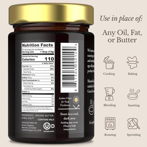 9 Oz (Pack 1) Ancient Organics Salted Ghee - Organic Grass Fed Ghee Butter, Gluten Free, Clarified Butter, Vitamins