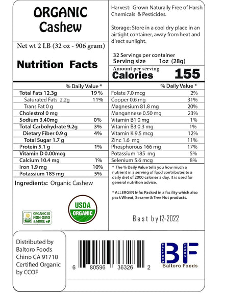 (1 LB) Organic Whole Raw Cashews -Non-GMO, No shell, Unsalted, Unroasted Vegan Bulk Premium Quality