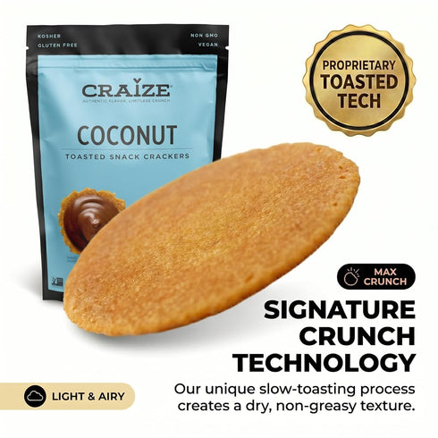 6 pack, 4 oz Craize Coconut Crisps | Gluten Free, Vegan, Kosher, Toasted Corn Crackers | each