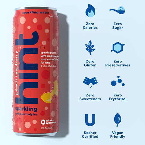 12 Oz (Pack 12) Hint Sparkling Water, Peach Raspberry - Canned Flavored Water Beverages with Electrolytes, Zero