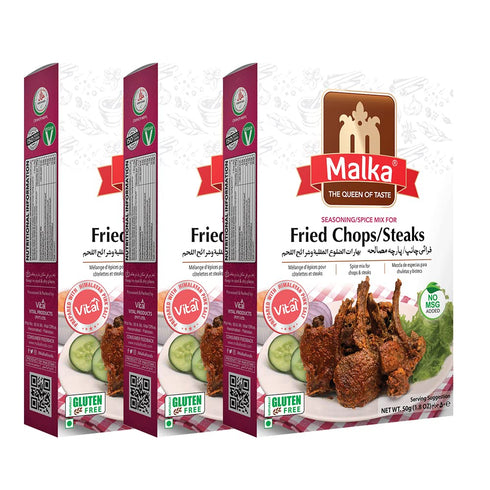Malka Fried Chops/Steaks Recipe Mix 50g (1.76 oz) - Authentic Gourmet Spice Powder for Chops and Steaks - No MSG Added, Vegan, Non-GMO, Gluten Free & Halal - Pack of 3
