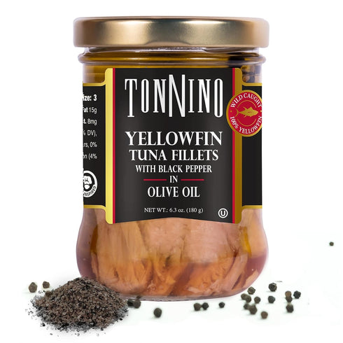 Tonnino Yellowfin Tuna Fish Pack of 6, Black Pepper in Olive Oil