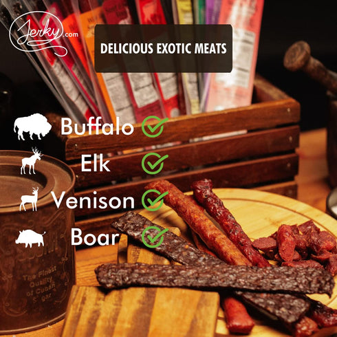12pc Jerky.com Exotic Meat Sticks Gift Bag | Wild Game Jerky Sampler with Venison, Elk & Wild Boar | High Protein Jerky