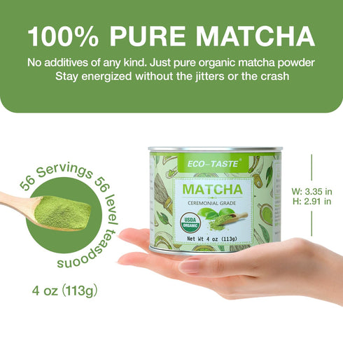 Organic Matcha Green Tea Powder - 4oz (113g) Tin, 100% Natural & Pure, Ceremonial Grade, No Additives