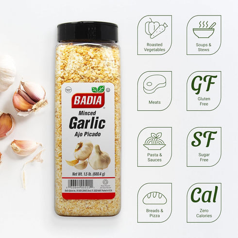 1.5 Badia Garlic Minced, Pound - All-Natural, Non-GMO, Dehydrated Garlic Seasoning