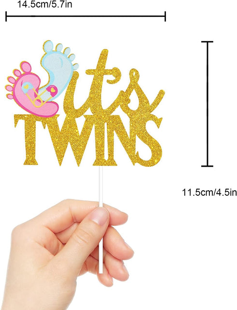 LHCING 1st It's Twins Gender Reveal Cake Topper - Baby Birthday Loveable Gold Glitter Footprints Cake Topper - Gender