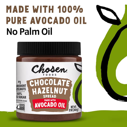 100% 40% Oil,12 oz 2-Pack Chosen Foods Chocolate Hazelnut Spread - Made with Pure Avocado Oil, Simple Ingredients, Less