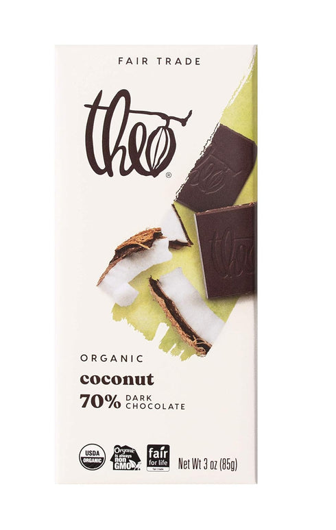 Theo Chocolate Coconut Organic Dark Chocolate Bar, 70% Cacao, 6 Pack |