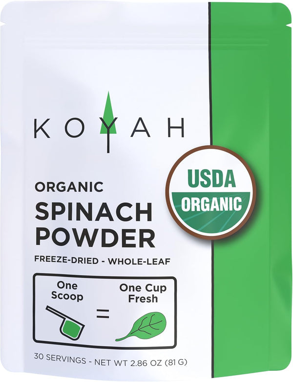 KOYAH Organic Spinach Powder - Equivalent to 30 Cups Fresh, Freeze-Dried Whole-Leaf Powder