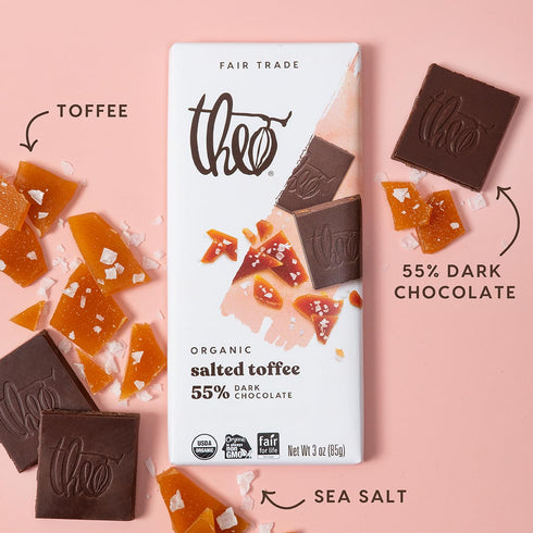 55% 6 Pack Theo Chocolate Salted Toffee Organic Dark Chocolate Bar, Cacao, | Fair Trade