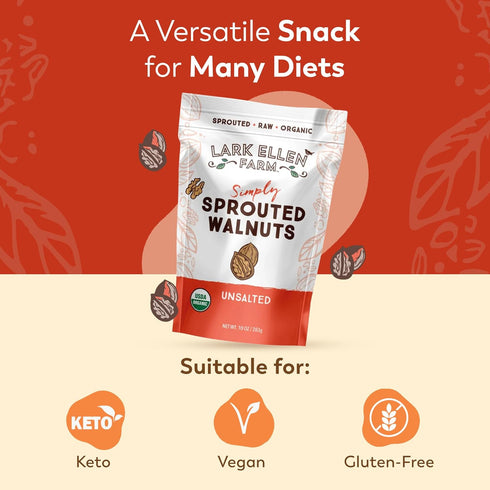 10 Oz, 3 Pack Lark Ellen Farm Organic Sprouted Walnuts Raw, Unsalted, Keto-Friendly, Healthy Vegan Snack, Gluten-Free