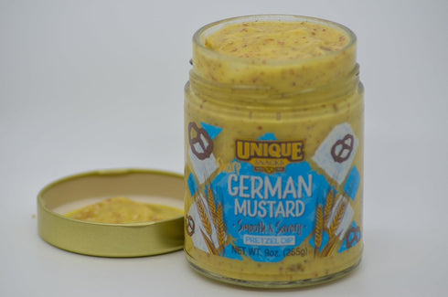 Pack 2 Unique Snacks Sharp German Mustard Dip, Whole Grain Mustard Seeds, Pretzel Dip, Non-GMO