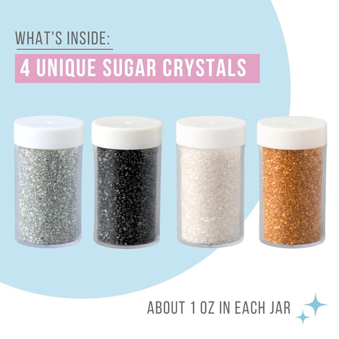 4-Pack 4.52 oz Sweets Indeed Metallic Sugar Crystals | Black, Gold, Silver & White Sparkling Sugars in Individual Jars