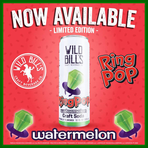 12 Oz 12 Pack Wild Bills Watermelon Ring Pop Craft Soda Pop Soft Drinks - Pure Cane Sugar, No HFCS, Caffeine Free