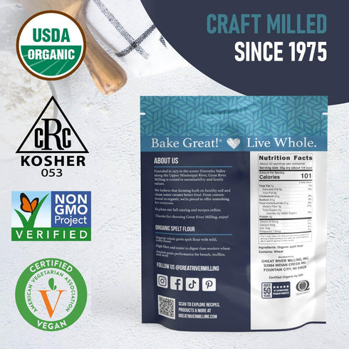 2 Lb Great River Milling Organic Spelt Flour | Whole Grain Ancient Wheat Flour | USDA Organic, Non-GMO, Kosher | High