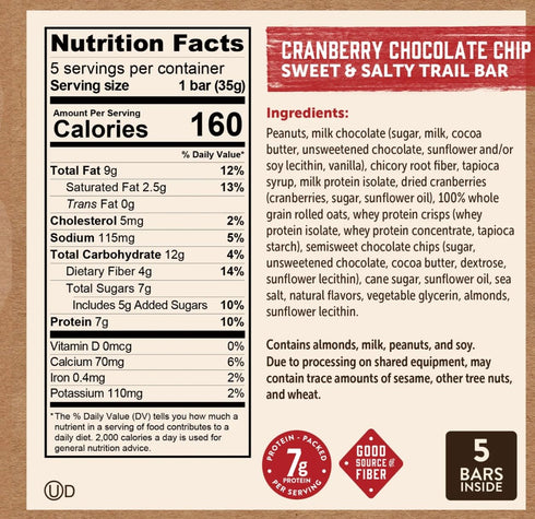 Generic (20 7g Sweet and Salty Trail Bar Cranberry Chocolate Chip & Chocolate Almond Bars) | of protein | whole grains