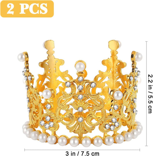 Amosfun 2pcs Mini Crown Cake Topper - Pearl Rhinestone Queen Princess Tiara for Birthday Wedding Party